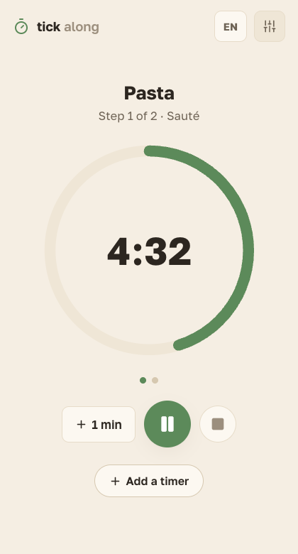 A running timer in tick along: a green ring counting down, step 1 of 2
