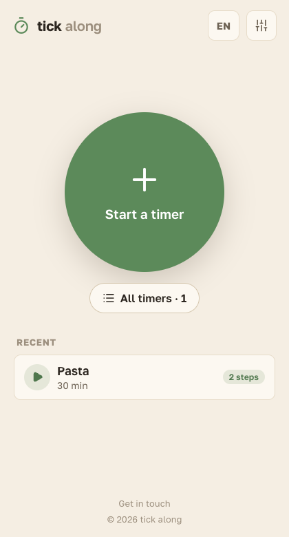 tick along home screen: a big green Start-a-timer circle and a list of recent timers