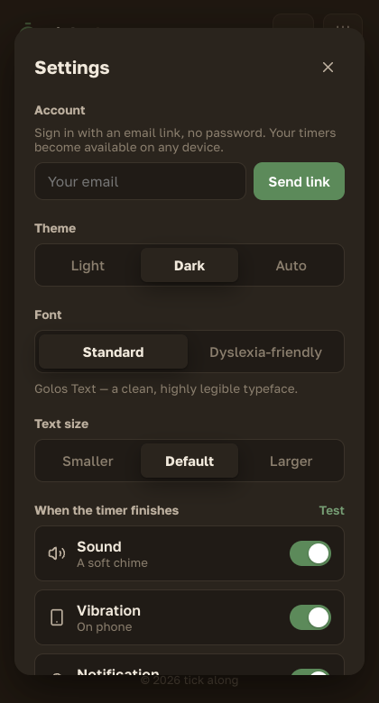 tick along settings in dark theme: theme, font and text size options, gentle finish alerts